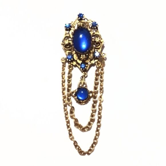 Vintage Victorian Style Gold Tone Blue Cabochon Statement Brooch - Picture 3 of 7